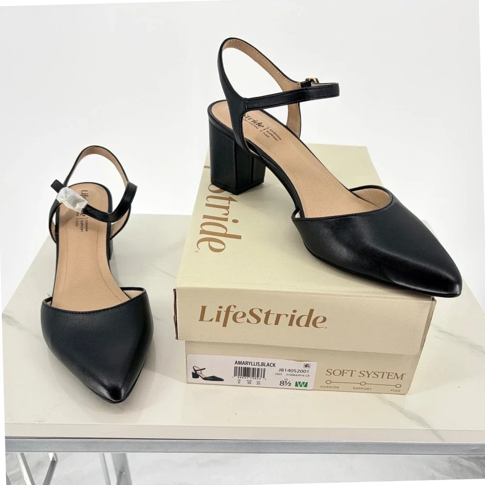 LifeStride Amaryllis Pump 8.5W Black Pointed Toe Block Heel Ankle Strap Shoes